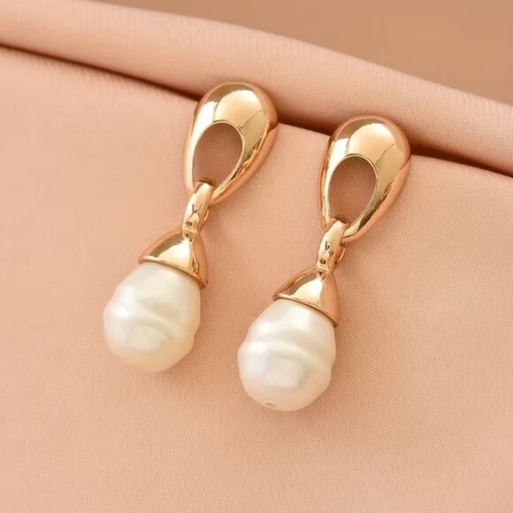 14K Gold Womens Hanging Drop Pearl Hoop Earrings Ladies New 14 K Silver Jewelry